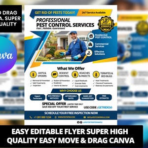 May include: A blue and yellow flyer advertising professional pest control services. The flyer features the text "Get Rid of Pests Today!" and "Professional Pest Control Services." It lists services for ants, spiders, rodents, roaches, termites, and bed bugs.
