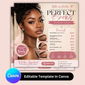 May include: A promotional flyer for Perfect Brows Microblading featuring a woman with flawless makeup. The flyer includes a price list for various brow services, such as microblading and brow tinting, and the text "Book Your Appointment".