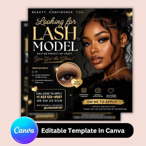 Flyer för Lash Tech söker modeller | Ögonfransförlängning Canva-mall | Instagram Beauty-kampanj | Redigerbar Canva för skönhetssalong