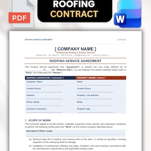 Peut inclure: Un document blanc intitulé Roofing Service Agreement avec des champs pour le nom de l'entreprise, les détails de l'entrepreneur, les informations du propriétaire et une section sur l'étendue des travaux, avec des icônes PDF et Word.