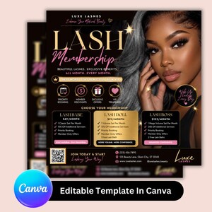May include: A promotional flyer for Luxe Lashes, featuring a woman with dramatic eye makeup. The flyer promotes a lash membership with different tiers: Lash Babe, Lash Doll, and Lash Boss. The design is black and gold with pink accents.