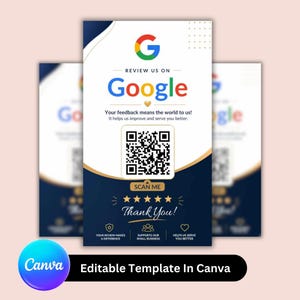 Könnte beinhalten: Eine marineblaue und goldfarbene Canva-Vorlage mit dem Google-Logo und den Worten "Review us on Google". Sie enthält einen QR-Code und den Text "Thank You!" mit Symbolen und dem Text "Editable Template In Canva."