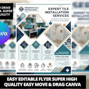 以下が含まれることがあります： Premier Tile Installersのチラシで、専門的なタイルの設置サービスを紹介しています。デザインには、タイル工事が施されたキッチンやバスルームの写真、サービスの詳細、連絡先情報が含まれています。「Expert Tile Installation Services」の文字が含まれています。