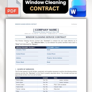 May include: A digital window cleaning service contract template featuring sections for company and client information, scope of services, and a table for specific cleaning tasks. The document includes PDF and Word icons at the top.
