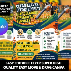 Puede incluir: Un folleto publicitario de servicios de limpieza y eliminación de hojas. El diseño presenta un soplador de hojas, hojas de otoño y el texto "Clean Leaves, Effortlessly!" y "Save Time. Enjoy the Season!"