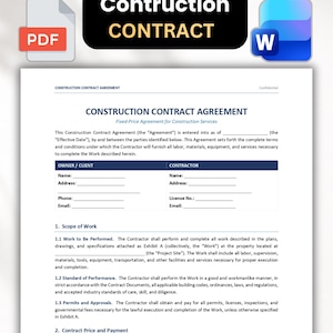 Könnte beinhalten: Eine digitale Bauvertragsvereinbarung mit einer schwarzen Kopfzeile mit dem Text Contruction CONTRACT, begleitet von PDF- und Word-Dokumentensymbolen. Das Formular enthält Abschnitte für Eigentümer- und Auftragnehmerdaten, Arbeitsumfang und Zahlungsbedingungen.