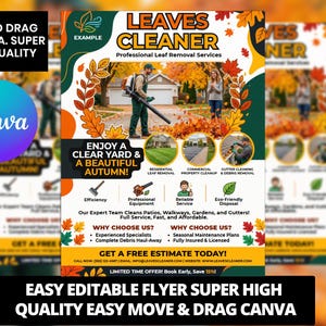 Puede incluir: Un folleto publicitario de Leaves Cleaner, un servicio profesional de eliminación de hojas. El diseño presenta un tema otoñal con imágenes de eliminación de hojas y el texto "¡Disfruta de un jardín limpio y un hermoso otoño!" y "¡Obtén una estimación gratuita hoy!"