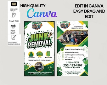 Junk Removal Business Card Vertical Template – Junk Hauling Card – Cleanout Service Business Card – Editable Canva