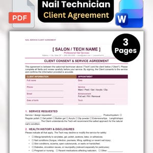 May include: A three-page Nail Technician Client Agreement document featuring sections for client information, appointment details, service requests, health history, and sanitation disclosures, available in PDF and Word file formats.