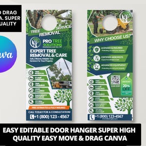 May include: Door hanger design for tree removal services. The design features the text "Pro Tree Solutions" and lists services such as tree removal, stump grinding, and emergency services. The design includes a QR code and a 20% discount offer.