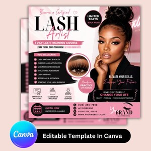 Puede incluir: Folleto promocional rosa y negro para un curso de formación de artistas de pestañas. El folleto incluye texto como "Lash Artist", "1 Day Lash Training Course" y "Enroll Now". Una mujer con cabello oscuro y maquillaje aparece en el lado derecho.