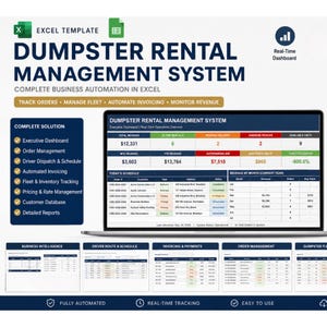 May include: A laptop screen displays a "Dumpster Rental Management System" dashboard. The software includes features for tracking orders, managing fleet, automating invoicing, and monitoring revenue. Additional panels show business intelligence, driver route, invoicing, and order management.