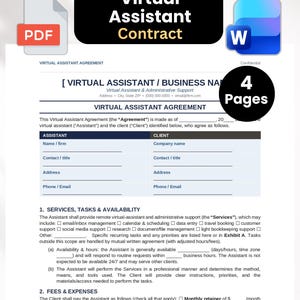 May include: A four-page Virtual Assistant Contract document template featuring sections for assistant and client information, services, tasks, availability, and fees. The document includes PDF and Word icons at the top and a 4 Pages badge.