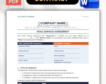Szablon umowy serwisowej HVAC | Umowa serwisowa HVAC | Umowa o ogrzewanie i chłodzenie | Edytowalny plik Word i PDF