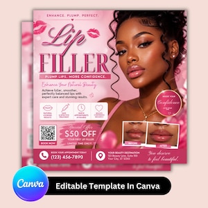 Pode incluir: Flyer promocional rosa e branco para serviços de preenchimento labial. O flyer apresenta uma foto de uma mulher com lábios cheios, o texto "Lip Filler" e fotos de antes e depois. Também inclui um código QR e informações de contato.