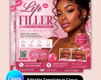 Lip Filler Flyer Post Social Media Template | Injectable Beauty Flyer Template Editable Med Spa Promotion Design for Instagram Marketing