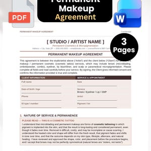 Pode incluir: Um modelo de documento de acordo de maquiagem permanente de três páginas em formatos PDF e Word. O formulário inclui seções para detalhes do estúdio e artista, informações do cliente, detalhes do serviço e uma declaração de serviço.