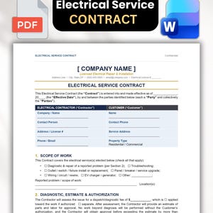 May include: A white document titled Electrical Service Contract with fields for company name, contractor and customer details, and a scope of work section. The document includes checkboxes for diagnostic, repair, and installation services.