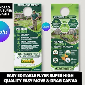 Szablon wieszaka na drzwi Canva do pielęgnacji trawnika | Ulotka marketingowa dla branży ogrodniczej | Reklama usługi koszenia trawnika | Edytowalny wieszak na drzwi Canva | Koszenie trawy