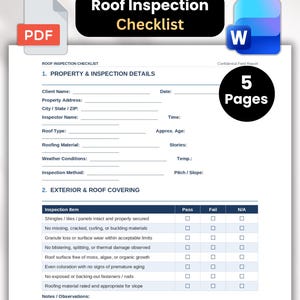 Puede incluir: Un documento de lista de verificación de inspección de techos de cinco páginas con secciones para detalles de la propiedad, información de inspección y criterios de cobertura exterior con casillas de verificación, disponible en formatos PDF y Word.