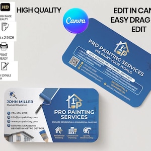 Op de afbeelding: Twee visitekaartjes voor Pro Painting Services. De kaarten zijn blauw en wit met het bedrijfslogo en contactgegevens. Eén kaart is schuin, met de tekst "Edit in Canva Easy Drag and Edit". De andere kaart toont de naam en contactgegevens van de eigenaar.
