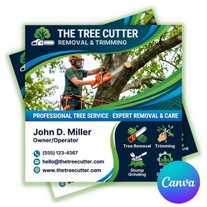 Könnte beinhalten: Visitenkarten-Design für "The Tree Cutter" mit einem professionellen Baumpfleger, der eine Kettensäge benutzt. Die Karte enthält Kontaktinformationen, Service-Icons und den Text "Professional Tree Service, Expert Removal & Care."