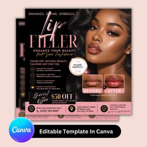 May include: A promotional flyer for lip filler services. The design features a woman with full lips, before and after photos, and text that reads "Enhance Your Beauty, Boost Your Confidence." The flyer is black and pink.