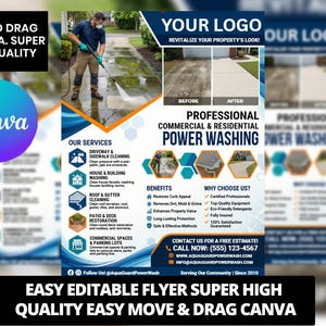 May include: A flyer promoting professional commercial and residential power washing services. The design features a before-and-after comparison, service descriptions, and contact information. Text includes "Edit and Drag on Canva. Super High Quality" and "Easy Editable Flyer Super High Quality Easy Move & Drag Canva."