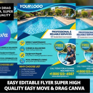 Visitenkarte für Poolreinigung - Bearbeitbare Canva - Visitenkarte für Poolservice - Visitenkarte für Poolreiniger - Bearbeitbare Canva