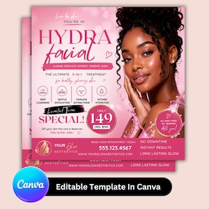 Może przedstawiać: Różowy ulotka promocyjna zabiegu Hydra Facial. Ulotka przedstawia kobietę z promienną skórą, tekst "HYDRA facial" oraz szczegóły dotyczące zabiegu 5 w 1. Zawiera tekst "Oferta Specjalna!" i numer telefonu.