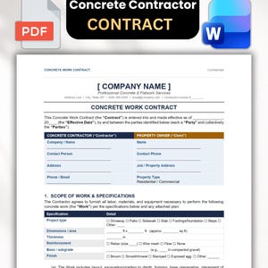 Może przedstawiać: Cyfrowy szablon dokumentu zatytułowany Concrete Work Contract zawierający pola na dane firmy i klienta, zakres prac, specyfikacje projektu oraz pola wyboru dotyczące wykończenia betonu, dostępne w formatach PDF i Word.