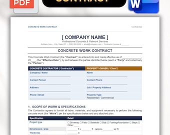 Modèle de contrat de travaux de béton | Contrat d'entrepreneur en béton | Contrat d'entretien du béton | Word et PDF modifiables
