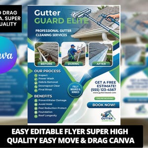 May include: A flyer for Gutter Guard Elite, a professional gutter cleaning service. The design features images of gutters before, during, and after cleaning, along with service details and contact information. The flyer is easy to edit on Canva.