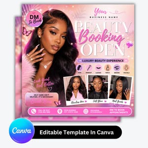 May include: Pink and white beauty salon advertisement featuring a woman with long, dark hair. The ad includes text that reads "Beauty Booking Open" and "Luxury Beauty Experience." Services include hair, makeup, lashes, nails, brows, and facials.