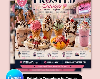 Ice Cream Flyer Template Canva Editable | Luxury Dessert Shop Social Media Post | Gelato & Ice Cream Promo for Instagram Facebook