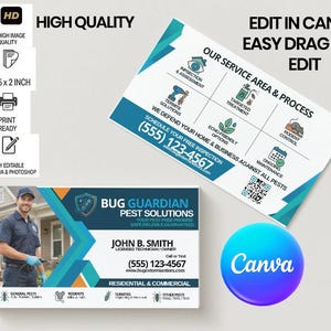 May include: Business card and flyer design for pest control services. The business card features a photo of a technician and contact details. The flyer highlights services like inspection, termite solutions, and rodent control. The Canva logo is also visible.
