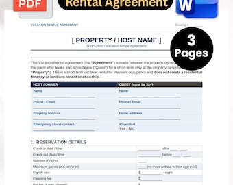 Vacation Rental Agreement Template | Short Term Rental Contract | Airbnb Rental Agreement | Editable Word & PDF