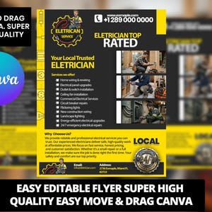 Puede incluir: Un folleto para un servicio de electricista, con un diseño en negro y amarillo. El texto dice "ELETRICIAN TOP RATED" y enumera los servicios ofrecidos, como cableado doméstico y mejoras de paneles eléctricos. Incluye imágenes de electricistas.