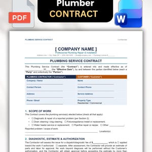 May include: A digital document template titled Plumber Contract with sections for company name, customer details, scope of work, and diagnostic authorization. The document includes PDF and Word icons at the top for file format identification.