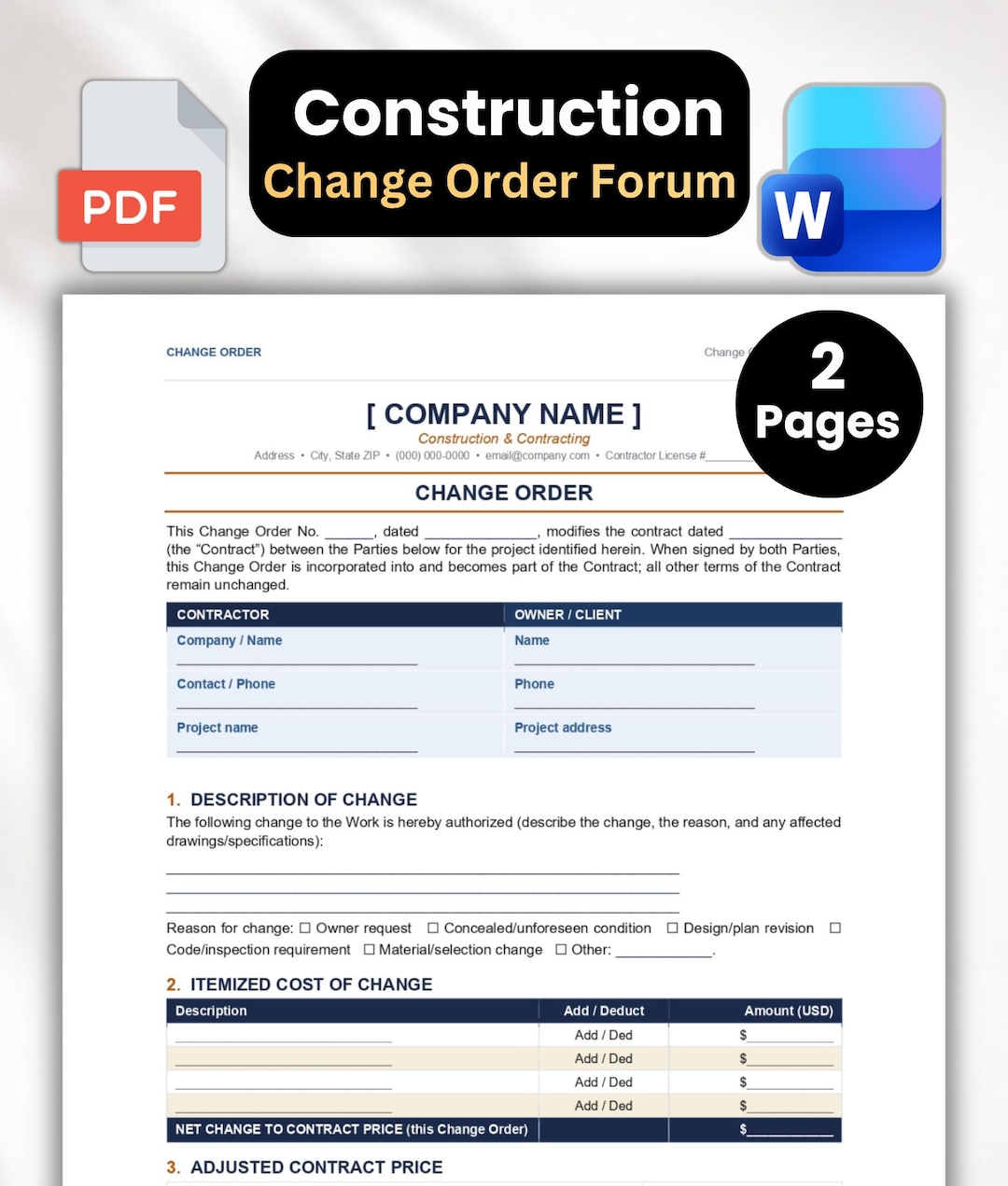 Construction Change Order Form Template | Contractor Change Order ...