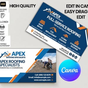 Könnte beinhalten: Visitenkarten für Apex Roofing Specialists, mit einem blau-orangen Design mit dem Firmenlogo und den Kontaktdaten. Die Karten heben Dienstleistungen wie Dachreparatur und -austausch hervor. Das Canva-Logo ist ebenfalls sichtbar.