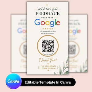 Könnte beinhalten: Eine cremefarbene Karte mit dem Text "We'd love your FEEDBACK" und "Review us on Google." Sie enthält einen QR-Code und die Worte "Scan to Review" und "Thank You!" Der Text unten lautet "Editable Template In Canva."