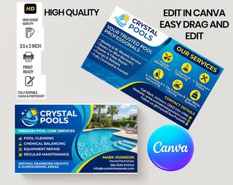 Pool Cleaning Business Card Template Editable in Canva – Pool Service Business Card – Pool Cleaner Business Card – Editable Canva