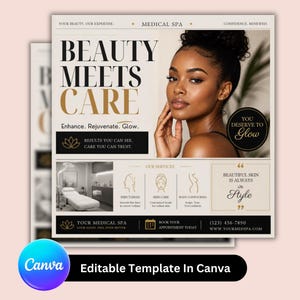 Peut inclure: Flyer promotionnel pour un spa médical, avec une femme aux cheveux et à la peau foncés. Le titre est "Beauty Meets Care". Les services incluent les injections, les soins de la peau et le remodelage corporel. Le flyer comprend le texte "You deserve to glow."