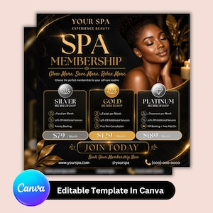 May include: Spa membership advertisement with a black and gold design. Features a woman with her eyes closed, and membership tiers: Silver, Gold, and Platinum. Includes text: "Glow More. Save More. Relax More." and "Join Today."