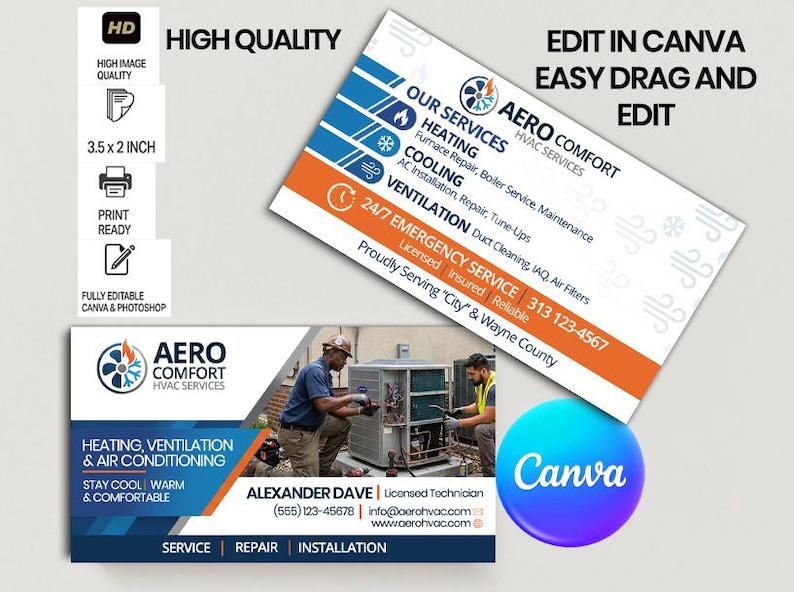 HVAC Business Card Template Canva – Heating & Cooling Services Card ...