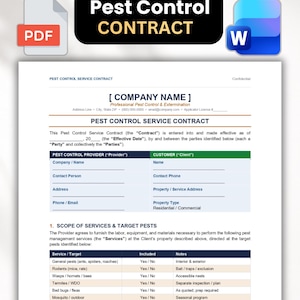 May include: A Pest Control Service Contract document template featuring sections for company and client information, scope of services, and target pests. The form includes fields for general pests, rodents, wasps, termites, bed bugs, and mosquitoes.