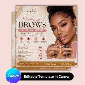 May include: A promotional flyer for Brow Beauty microblading services. The flyer features a woman with flawless eyebrows, the words "Flawless Brows," and a price list. The flyer also includes the text "Wake up beautiful everyday" and "Natural Results."