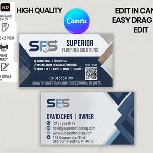May include: Business card design for Superior Flooring Solutions. The card features the company logo, contact information, and services offered, including commercial and residential flooring solutions. The card is 8.9 x 5.1 cm.