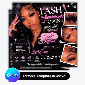 May include: A promotional flyer for lash appointments. The flyer features a woman with long, dark hair and long eyelashes. Text includes "Lash Appointments Open," "Luxury Lash Experience," and contact information. Services include classic, hybrid, volume, mega volume, and wispy sets.